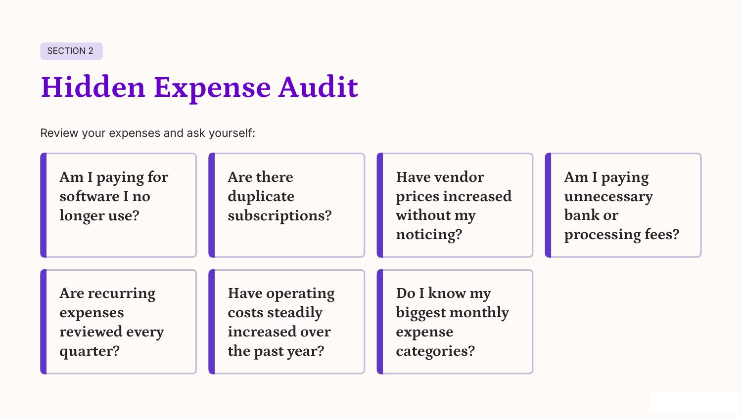Slide 4: Section 2, Hidden Expense Audit